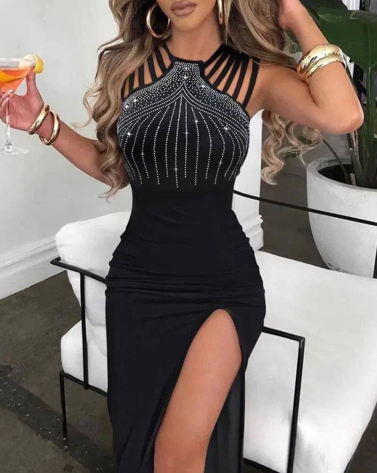 Kadın Full Likralı Sandy Kumaş Taş Detaylı Yırtmaç Dekolteli Maxi Boy Elbise