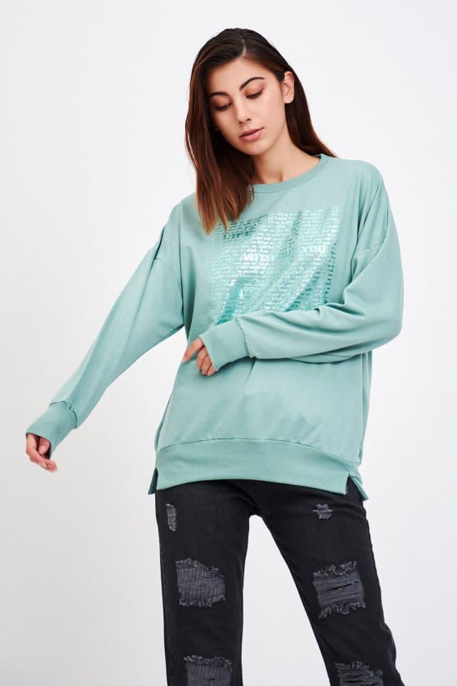 Parlak Yazı Detaylı Sweat Mint