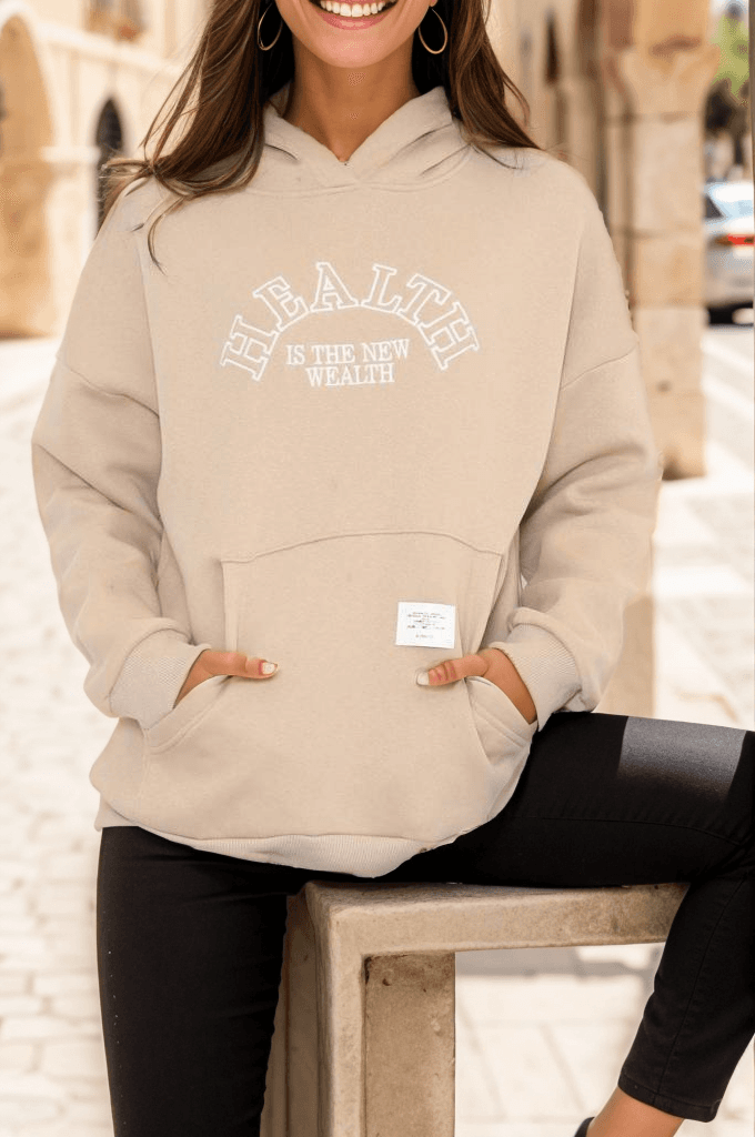 Baskılı Kapşonlu Sweat Bej