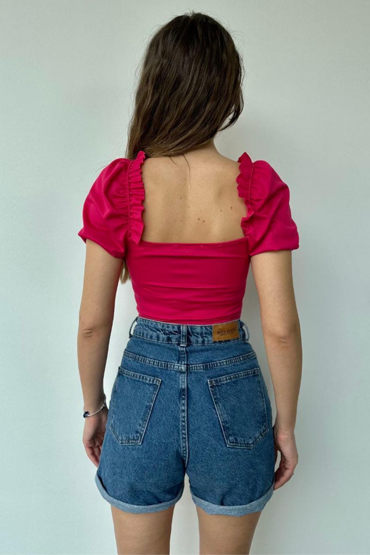 Balon Kol Büstiyer Crop Fuşya
