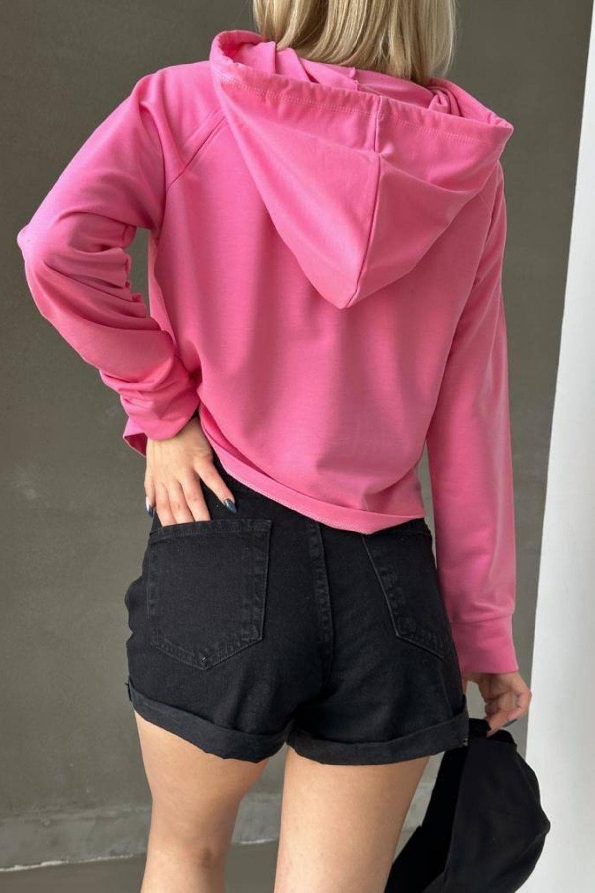 Kapşonlu İki İplik Sweatshirt Kadın Sweat Pembe