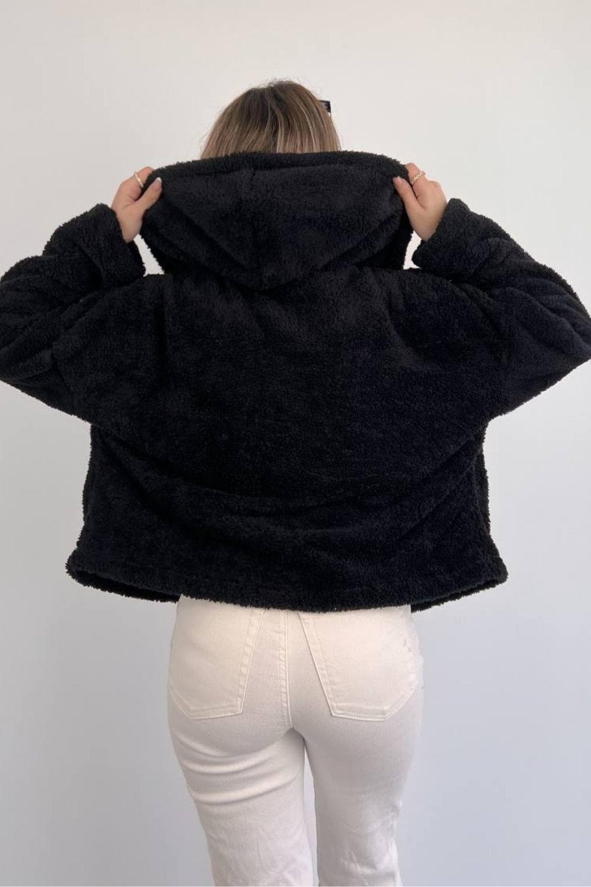 Düğmeli Kapüşonlu Peluş Mont Siyah