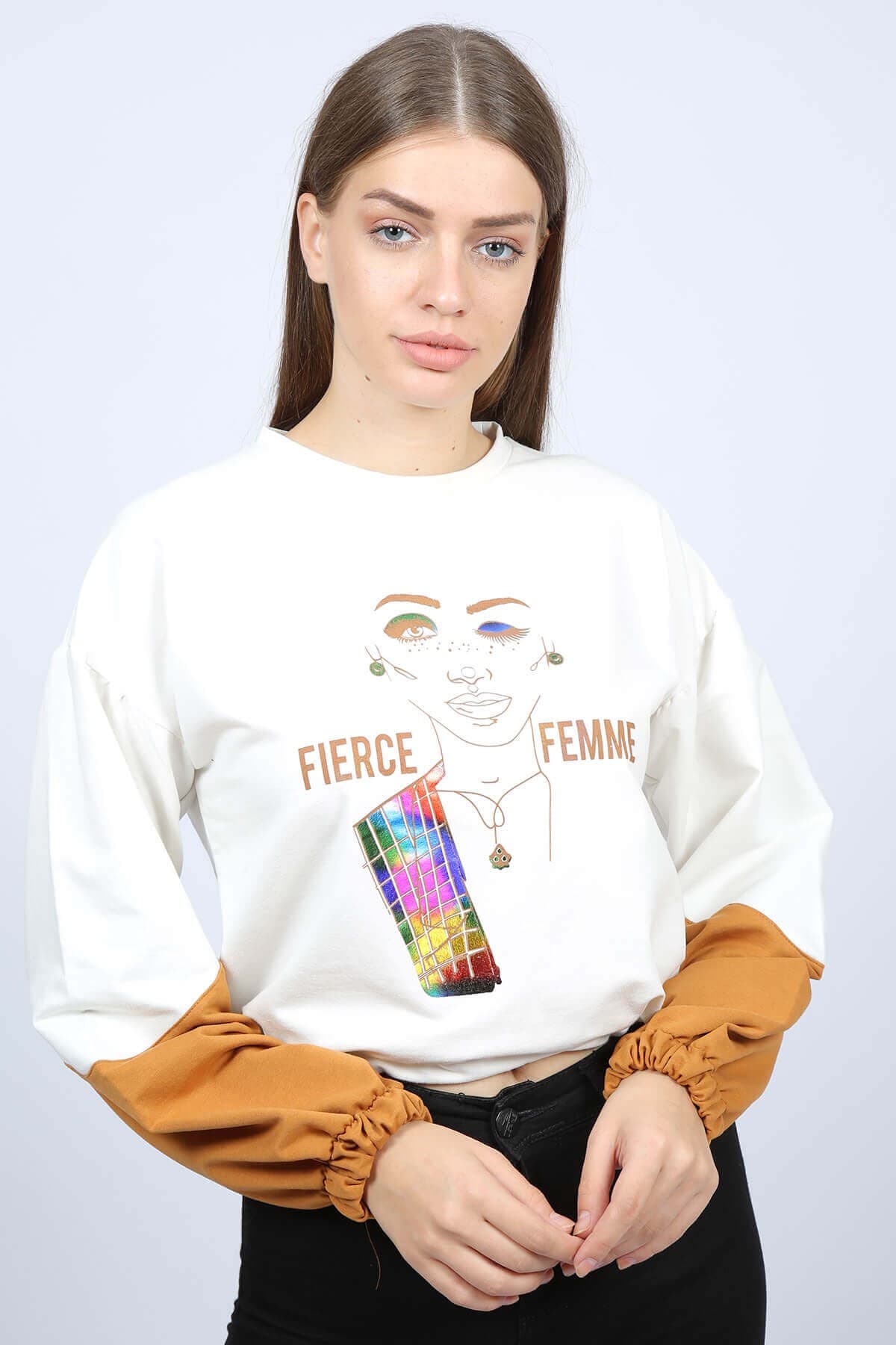 Büzgülü Baskılı Kadın Sweat Ekru