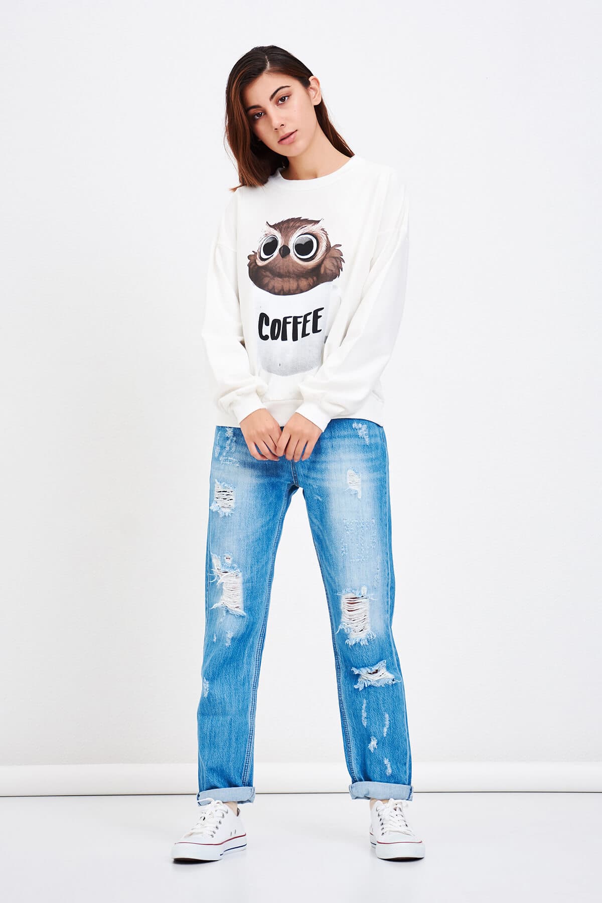 Baykuş Baskılı Sweat Beyaz