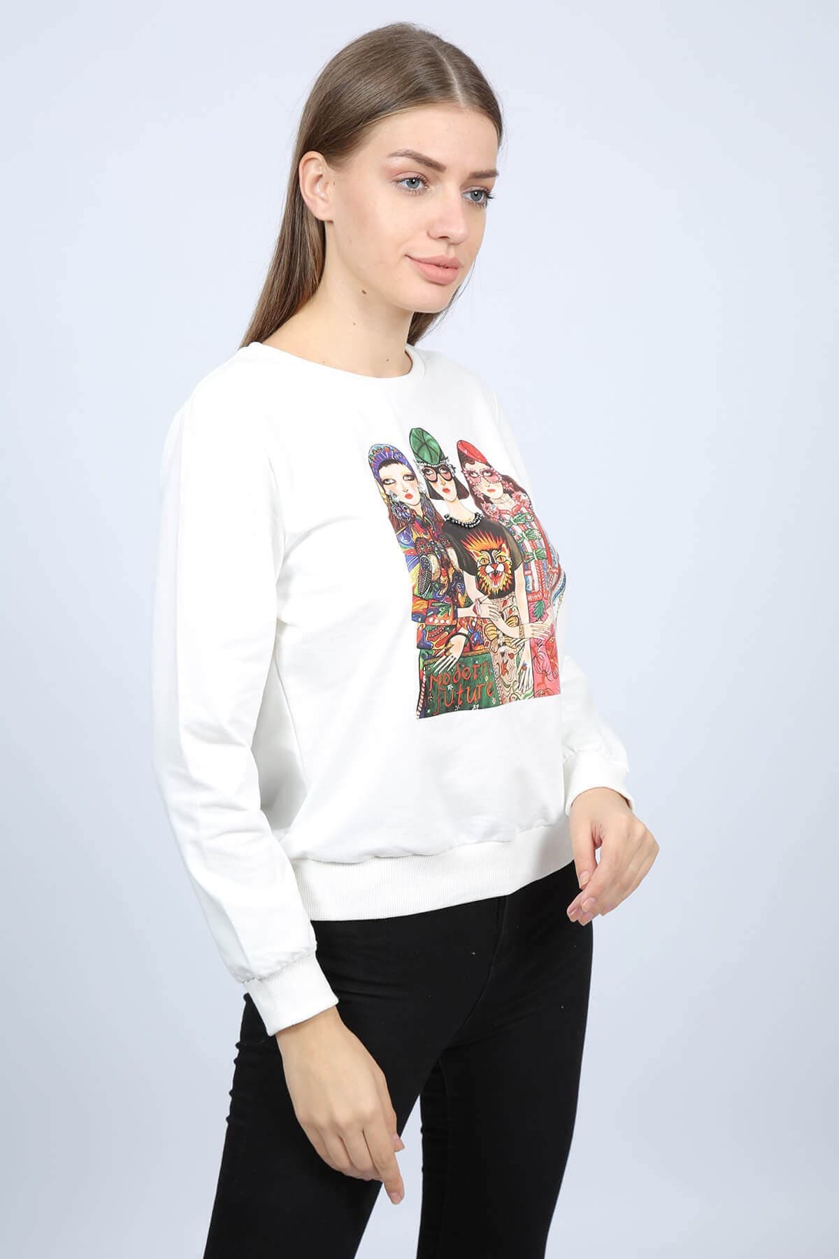 Girls Baskılı Kadın Sweat Ekru