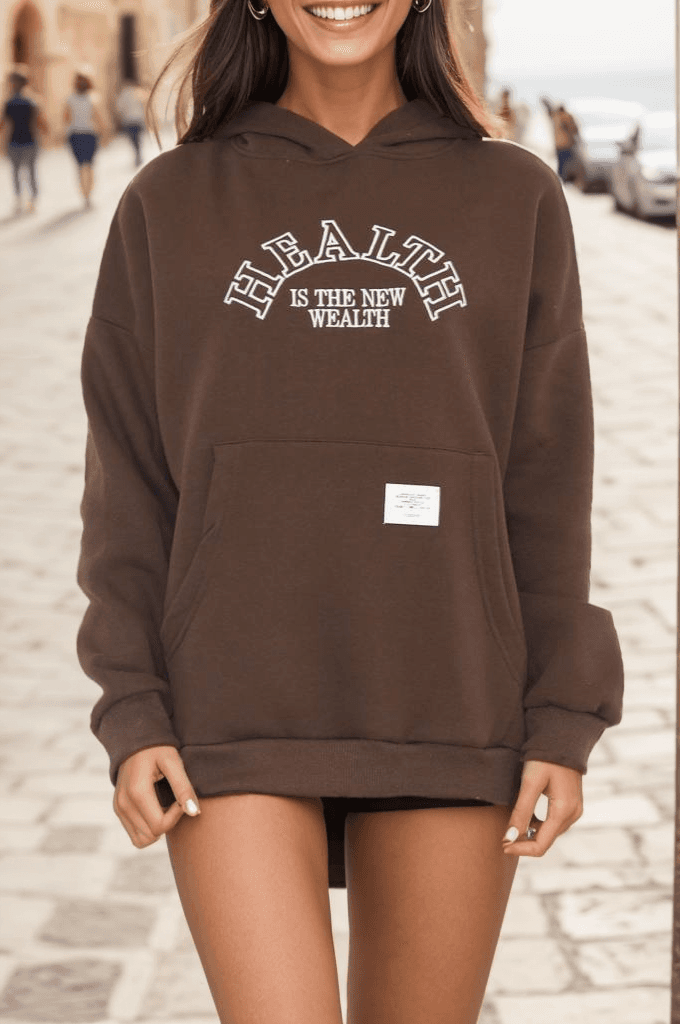 Baskılı Kapşonlu Sweat Kahve
