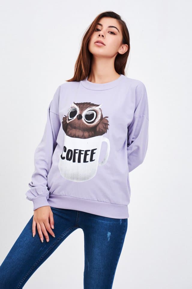 Baykuş Baskılı Sweat Lila