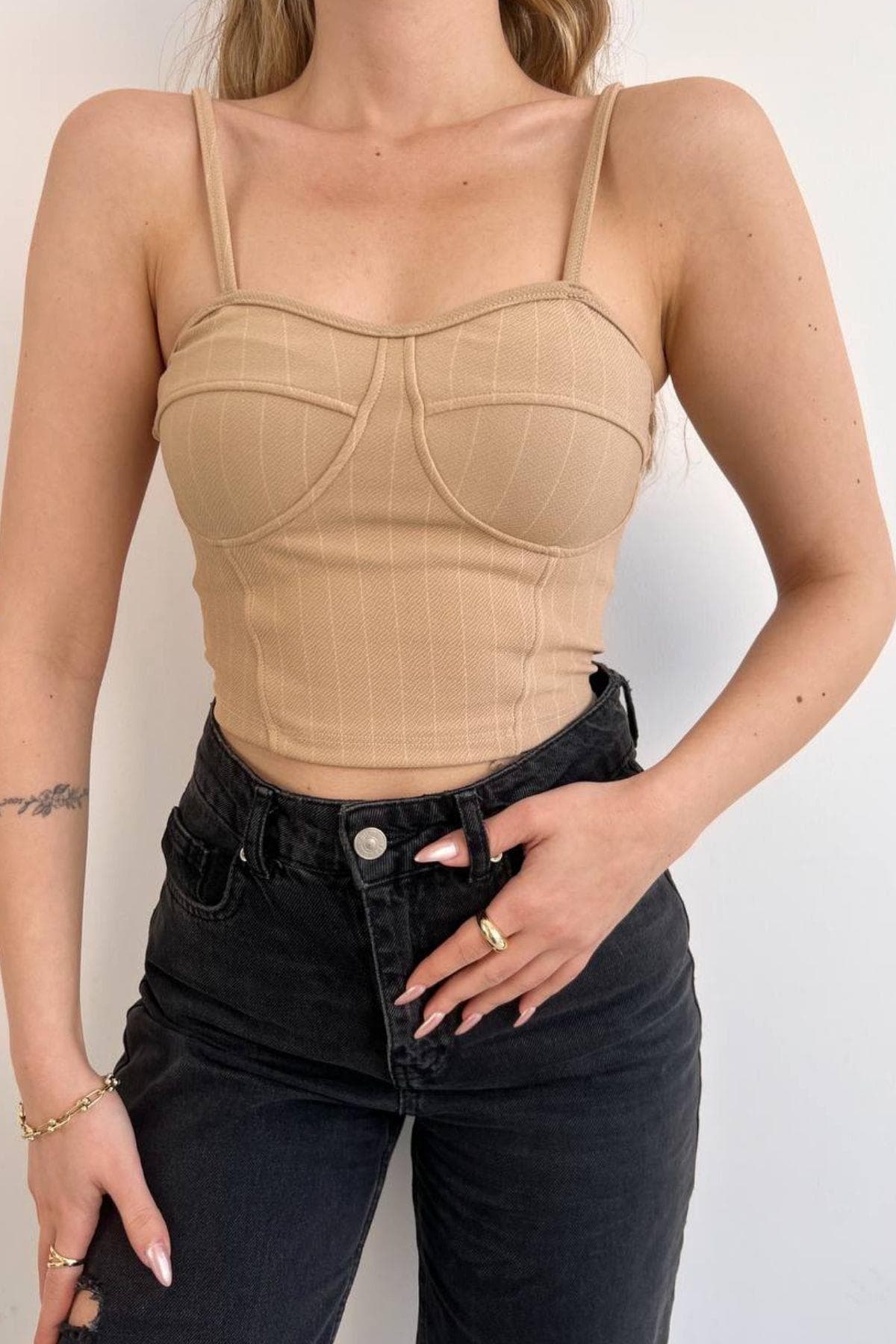 İnce Askılı Büstiyer Crop Bej