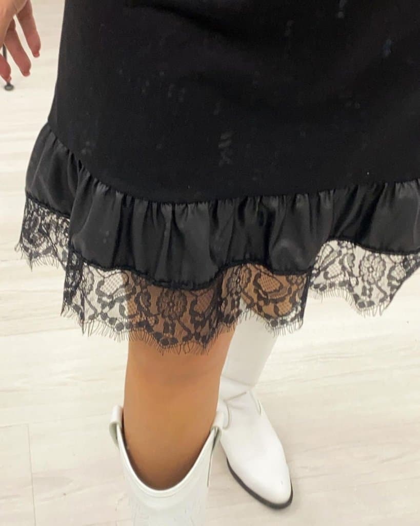 Kadın Bisiklet Yaka Dantel Ve Deri Detay Iki Iplik Mini Elbise