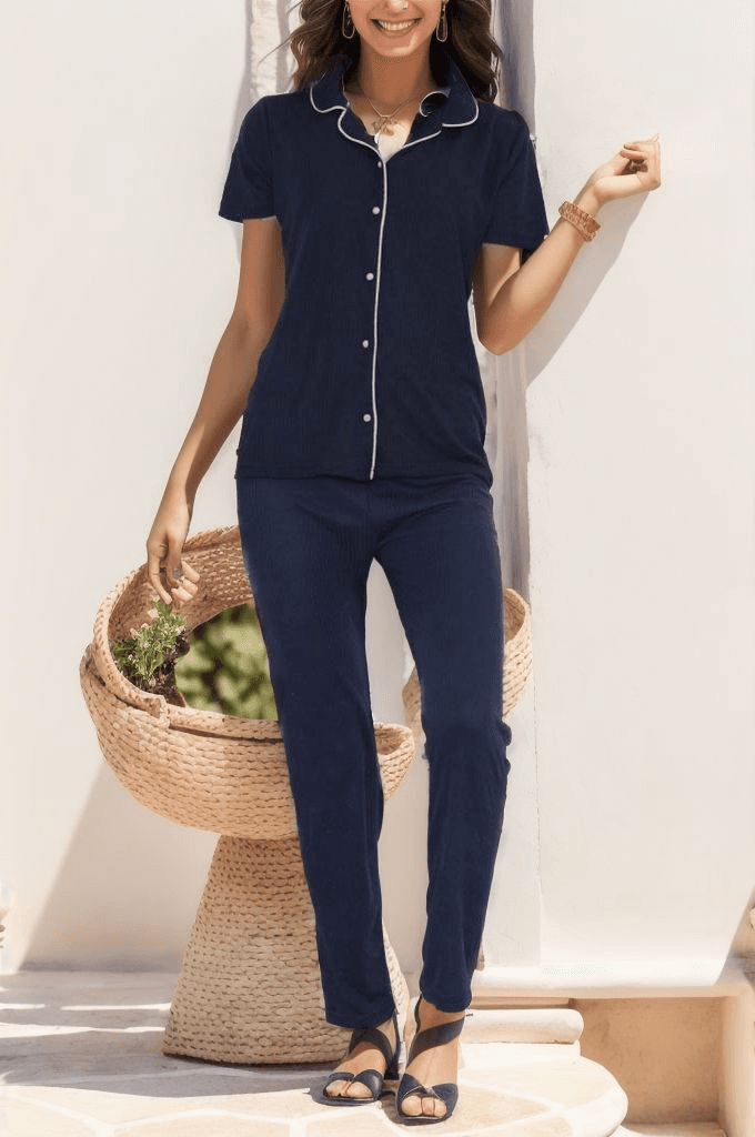Fitilli Düğmeli Pijama Takımı Koyulaci