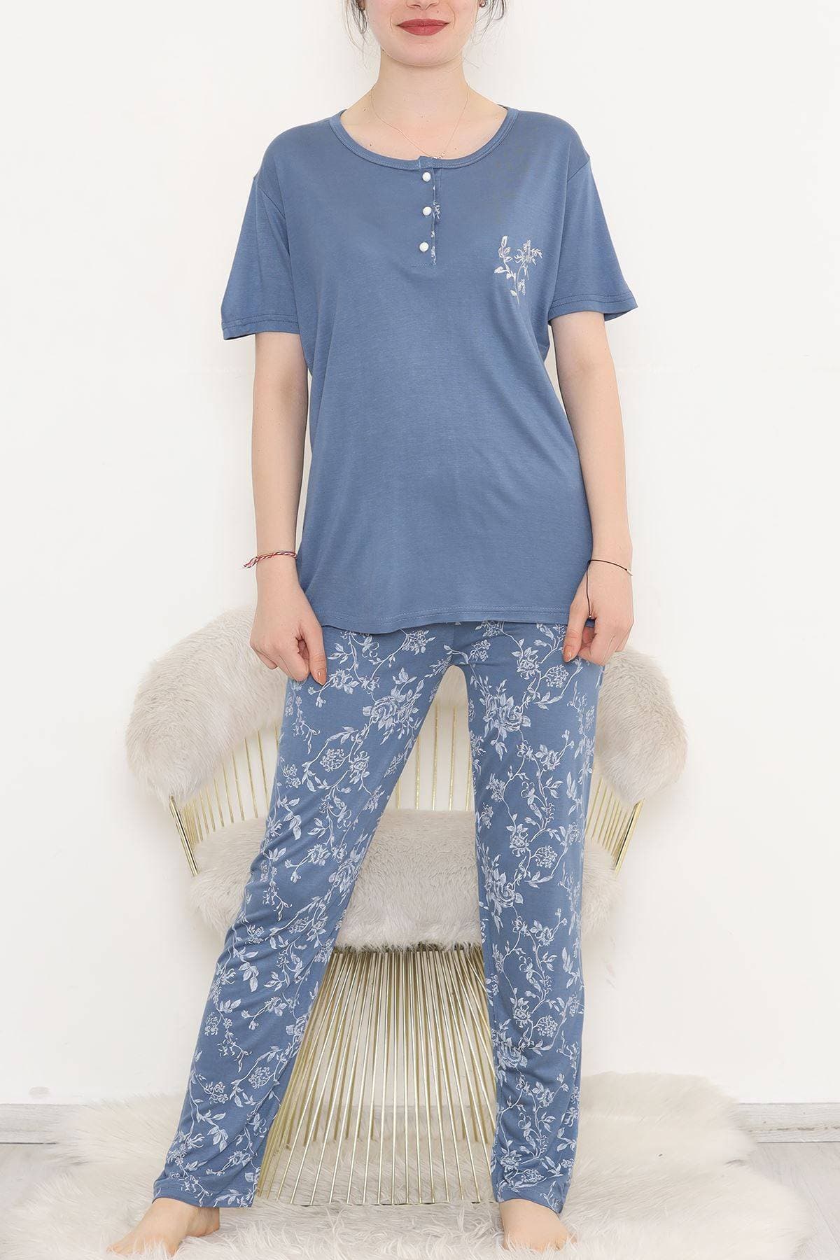 Desenli Pijama Takımı İndigobeyaz