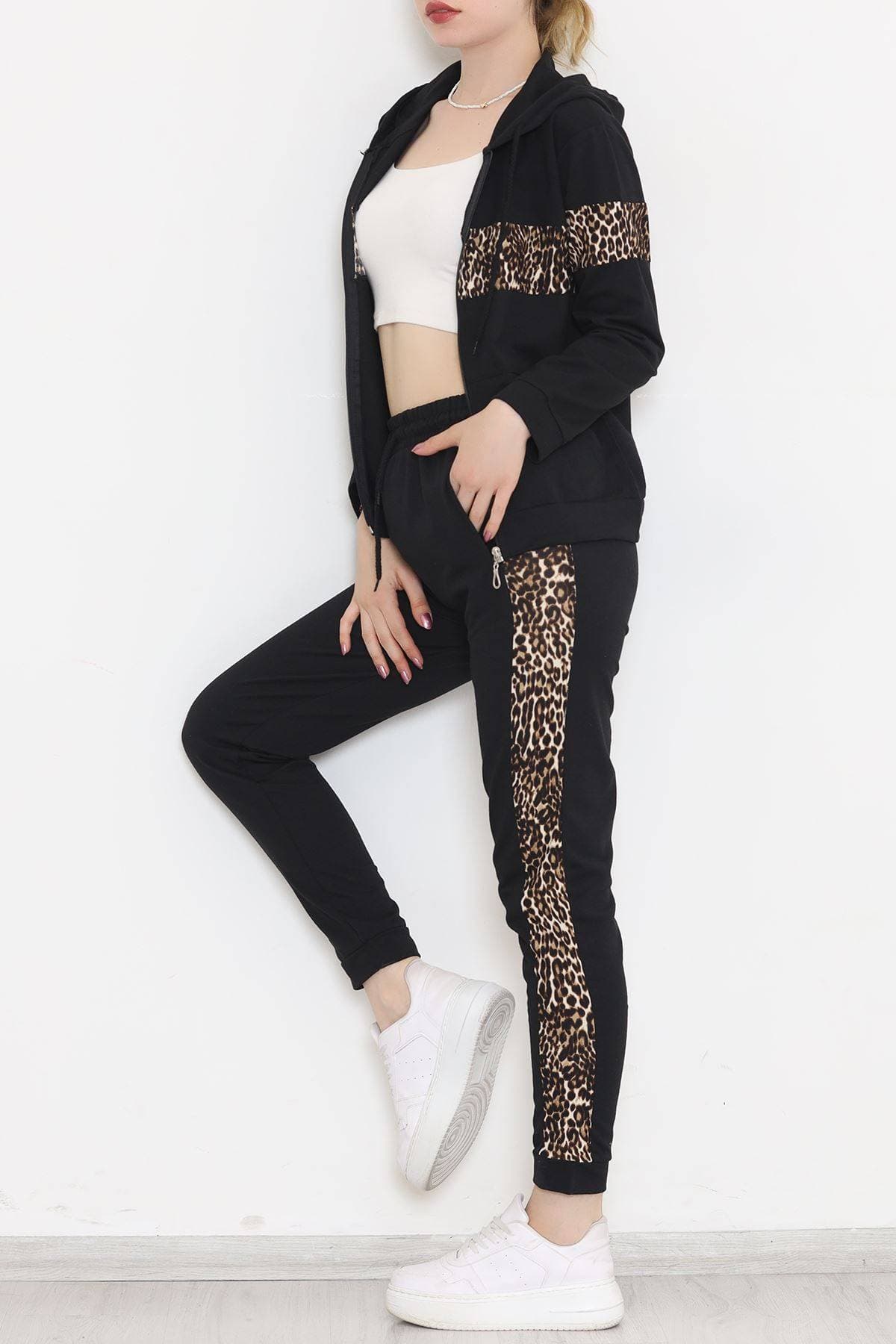 Leopar Şeritli Eşofman Takımı Siyah