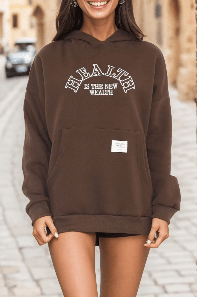 Baskılı Kapşonlu Sweat Kahve