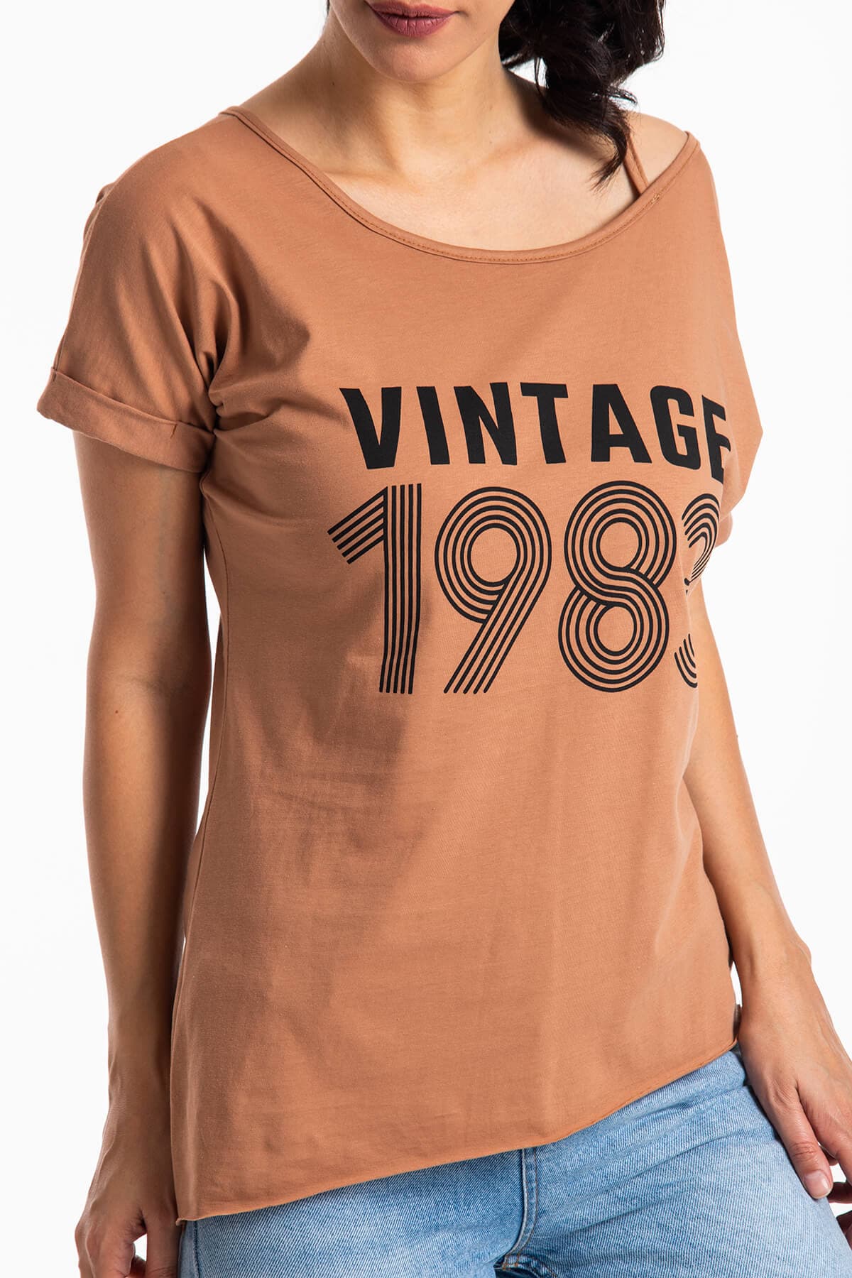 Düşük Omuz Vintage T-Shirt Taba