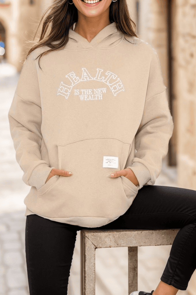 Baskılı Kapşonlu Sweat Bej