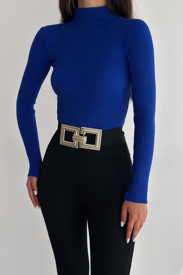 Dik Yaka Uzun Kollu Fitilli Crop Triko Saks