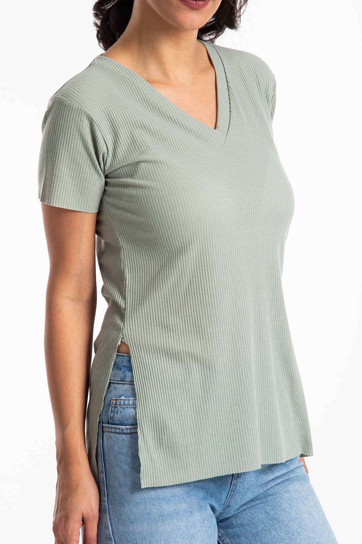 V Yaka Yırtmaçlı Kaşkorse T-Shirt Mint
