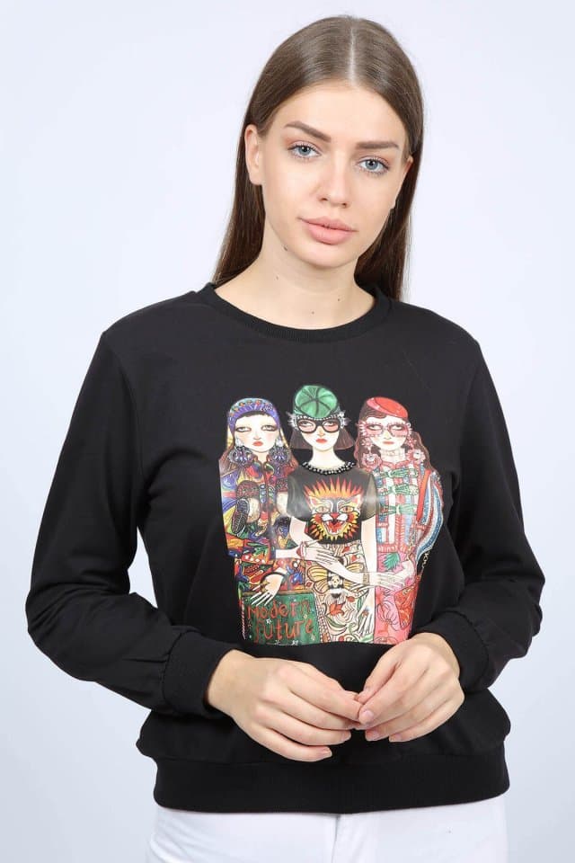 Girls Baskılı Kadın Sweat Siyah