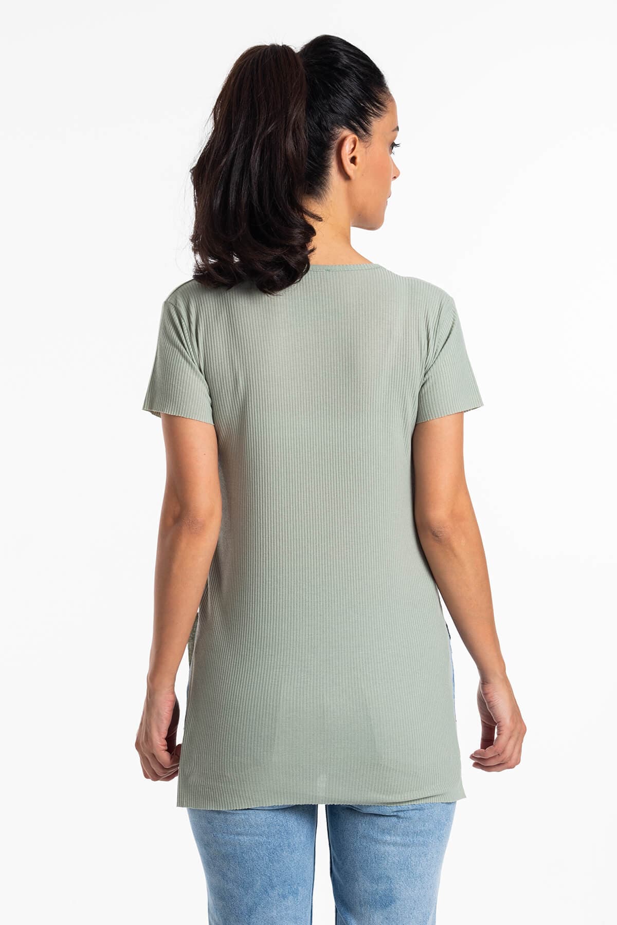 V Yaka Yırtmaçlı Kaşkorse T-Shirt Mint