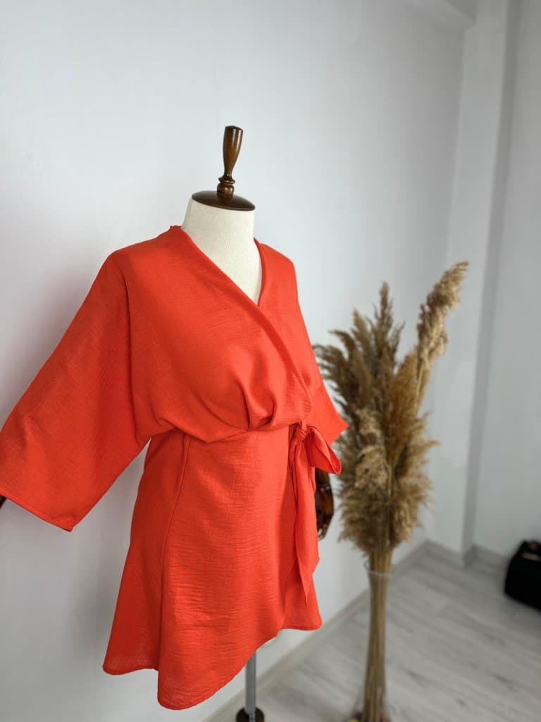 Kadın Fakir Kol Fiyonk Fetay Keten Kumaş Mini Kimono Elbise