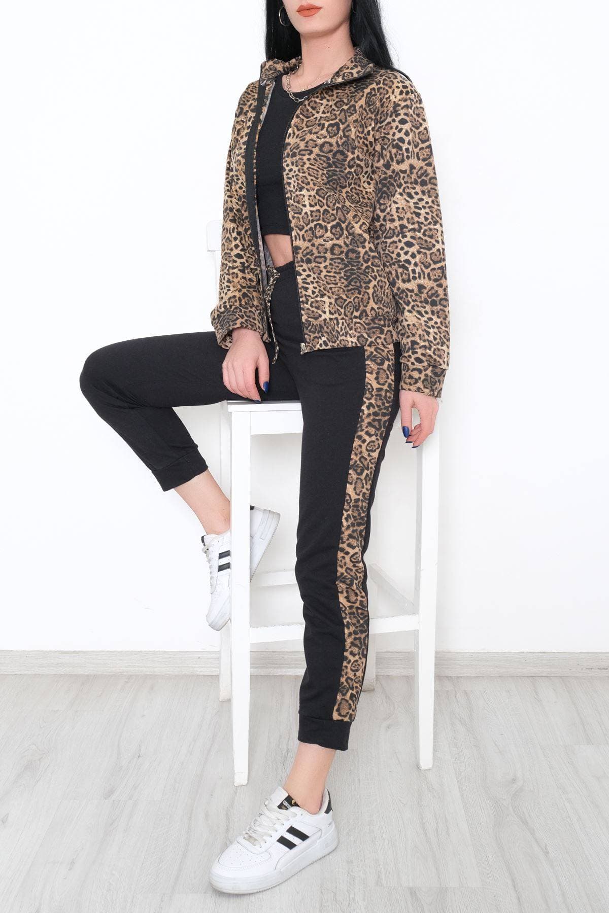 Leopar Fermuarlı Takım Siyah