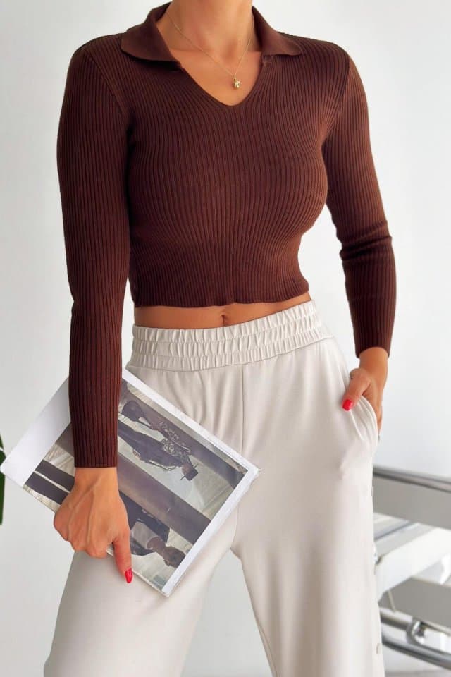 Polo Yaka Fitilli Basic Triko Kahve