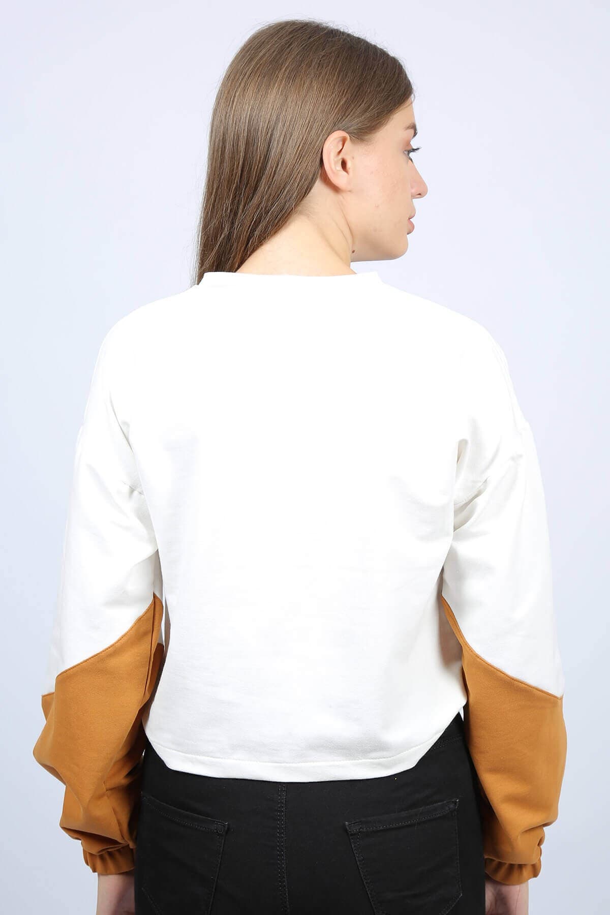 Büzgülü Baskılı Kadın Sweat Ekru