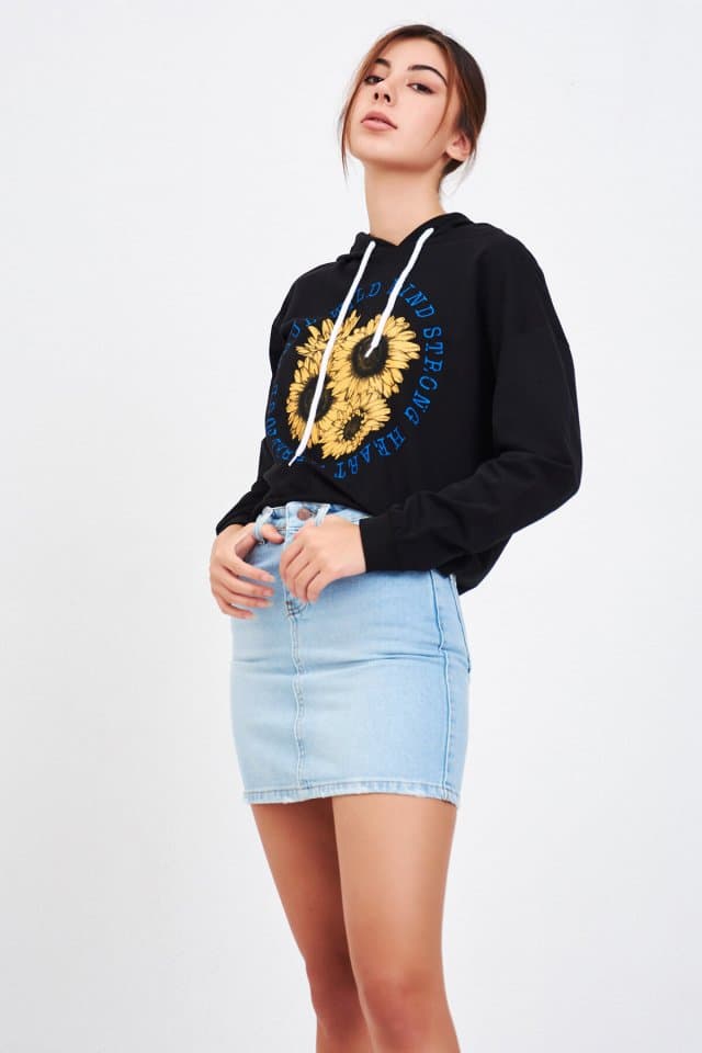 Baskılı Kısa Sweatshirt Siyah