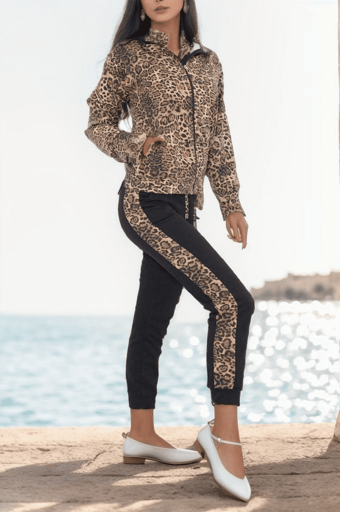 Leopar Fermuarlı Takım Siyah