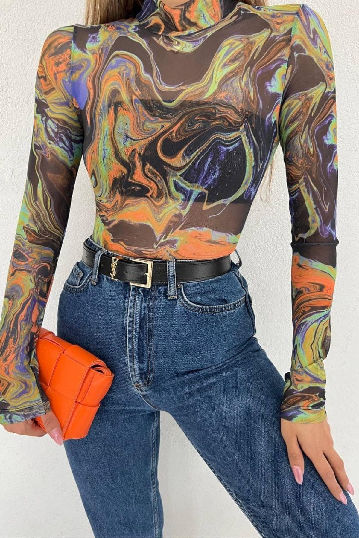 Paint Desenli Uzun Kollu Transparan Body Renkli