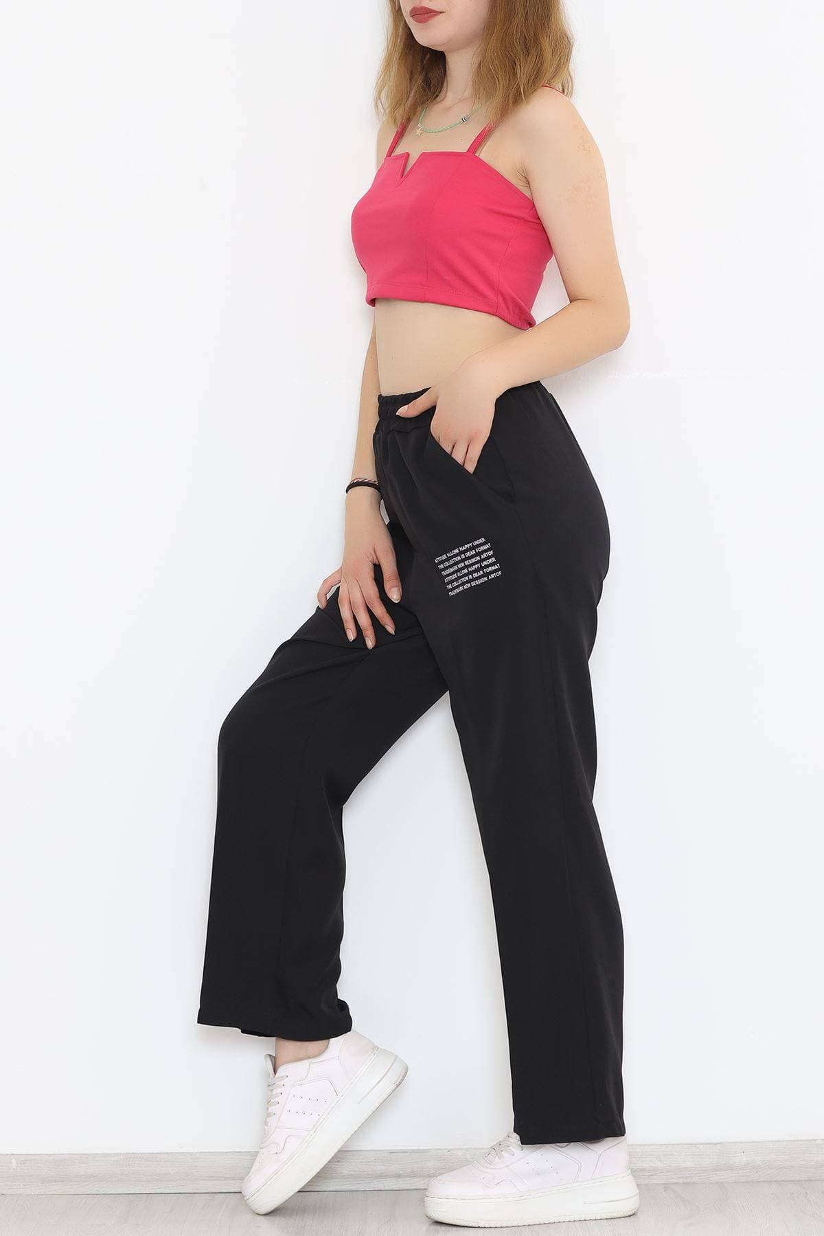 Beli Lastikli Baskılı Pantolon Siyah