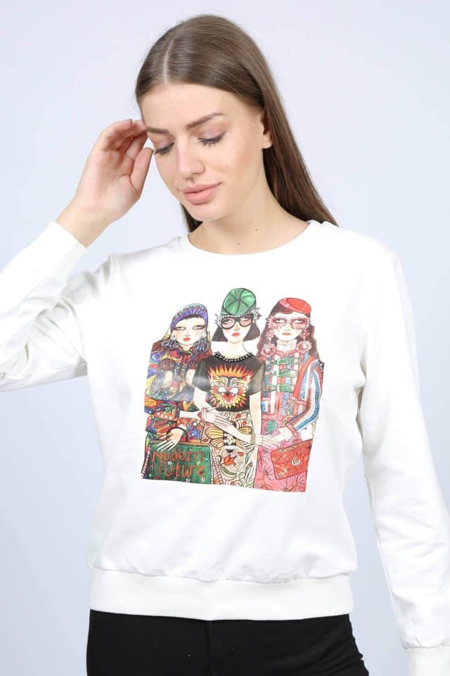 Girls Baskılı Kadın Sweat Ekru