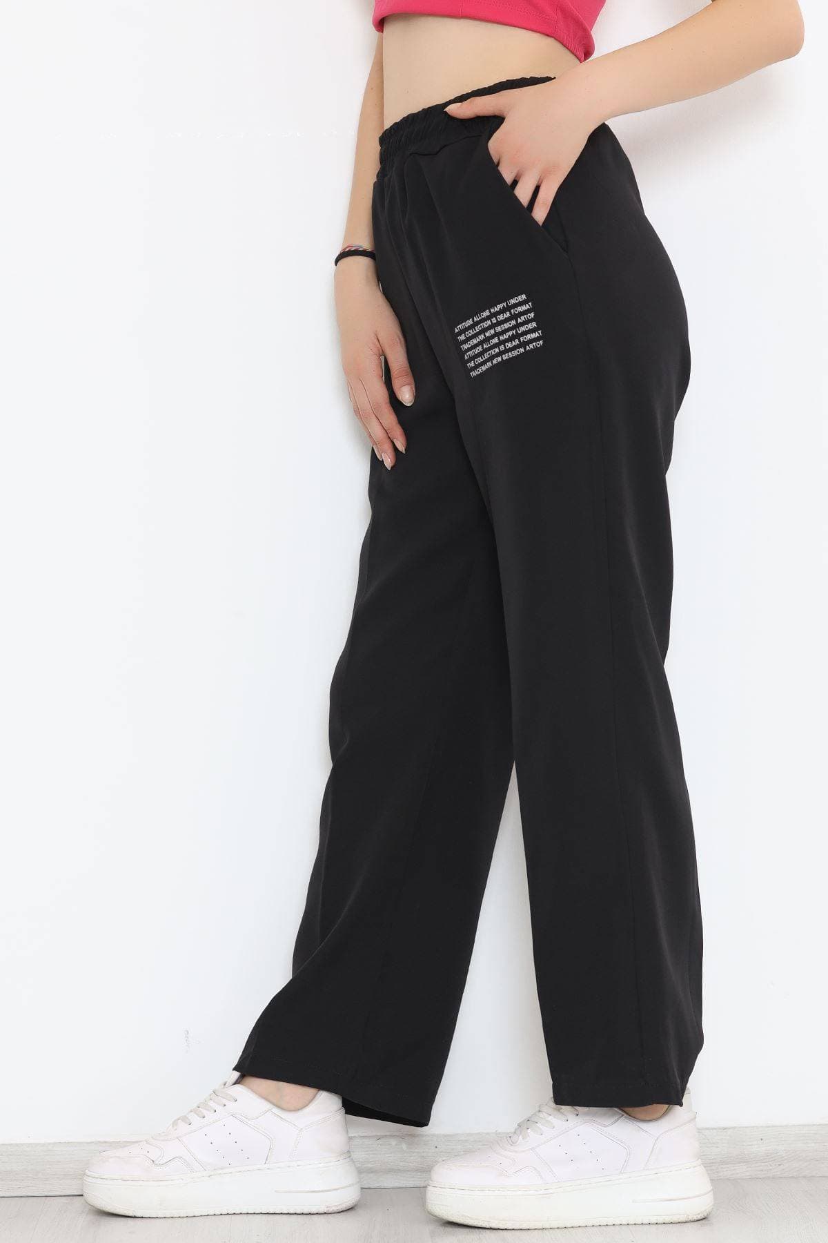 Beli Lastikli Baskılı Pantolon Siyah