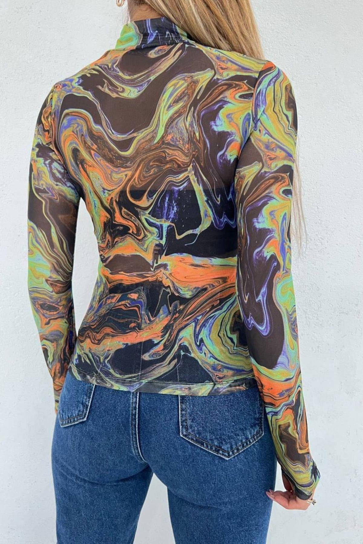 Paint Desenli Uzun Kollu Transparan Body Renkli