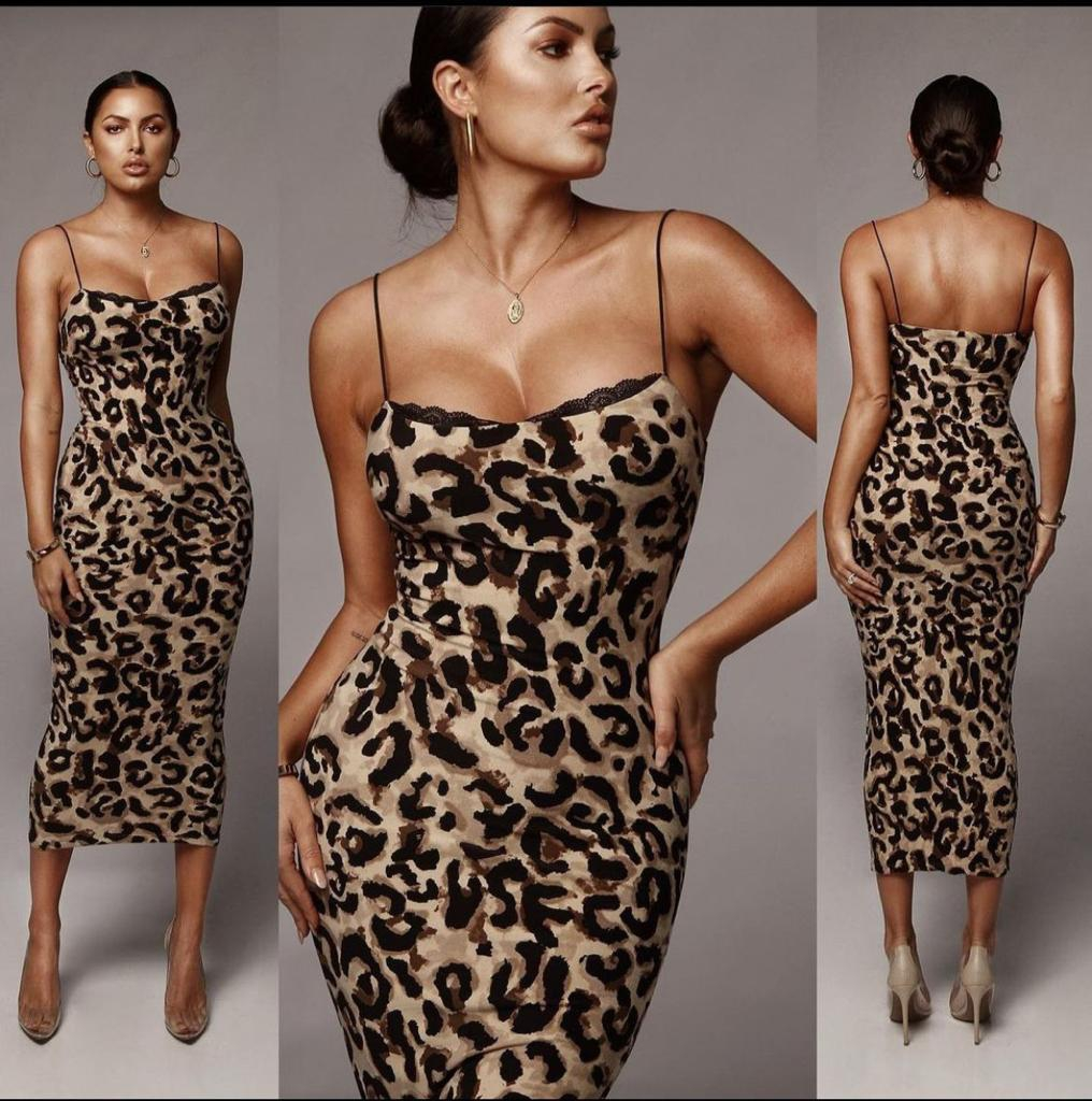 Leopar Desen Krep Kumaş Elbise