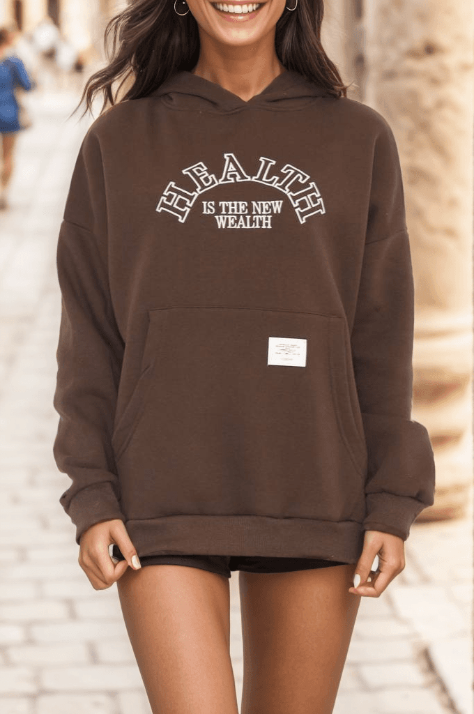 Baskılı Kapşonlu Sweat Kahve