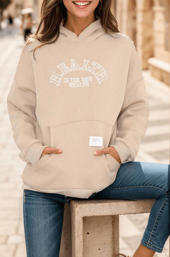 Baskılı Kapşonlu Sweat Bej