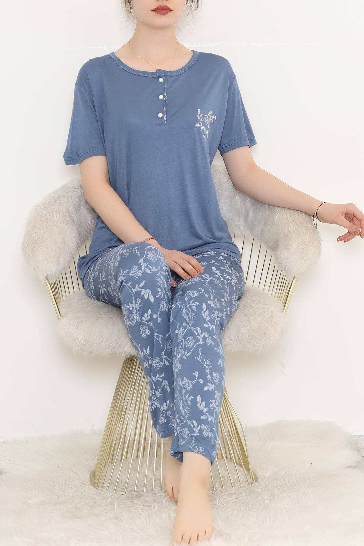 Desenli Pijama Takımı İndigobeyaz
