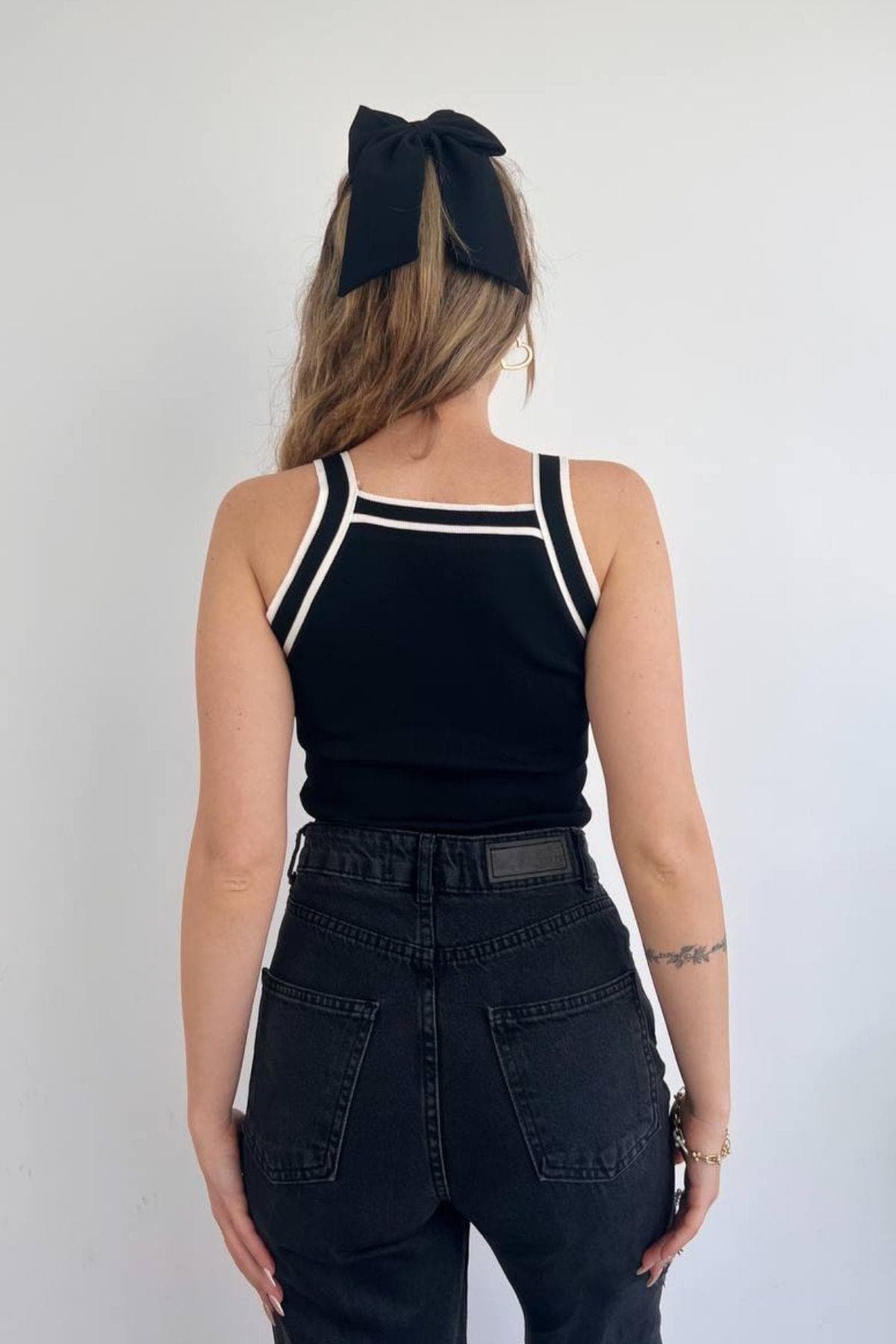 Çift Renk Halter Yaka Triko Bluz Siyah