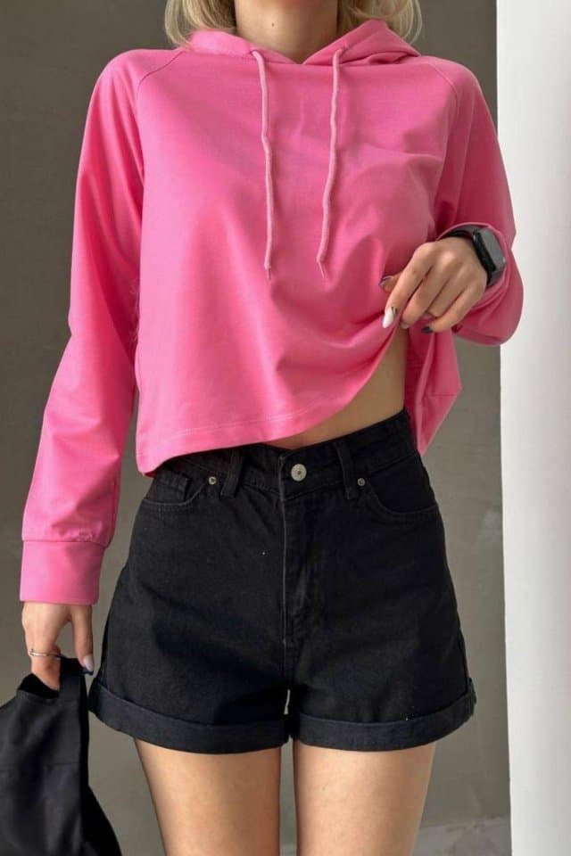 Kapşonlu İki İplik Sweatshirt Kadın Sweat Pembe