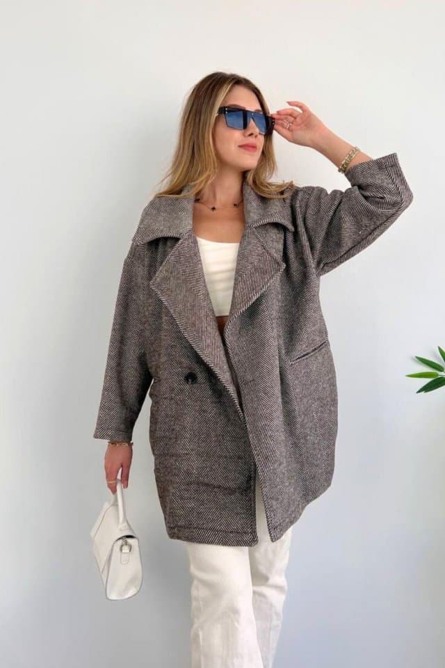 Balık Sırtı Desen Cepli Oversize Kısa Kaban Kahve