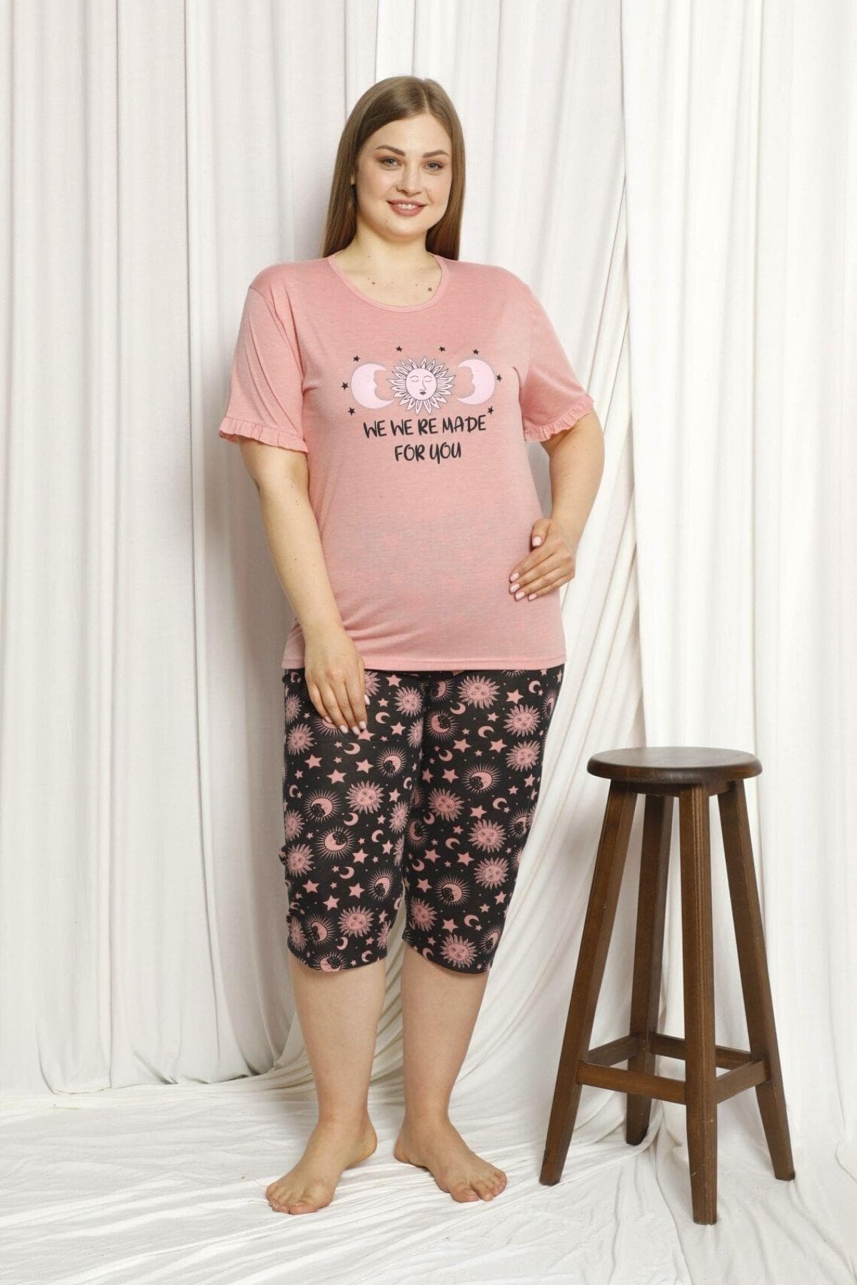 Kol Detaylı Büyük Beden Kapri Pijama Takımı Pudra