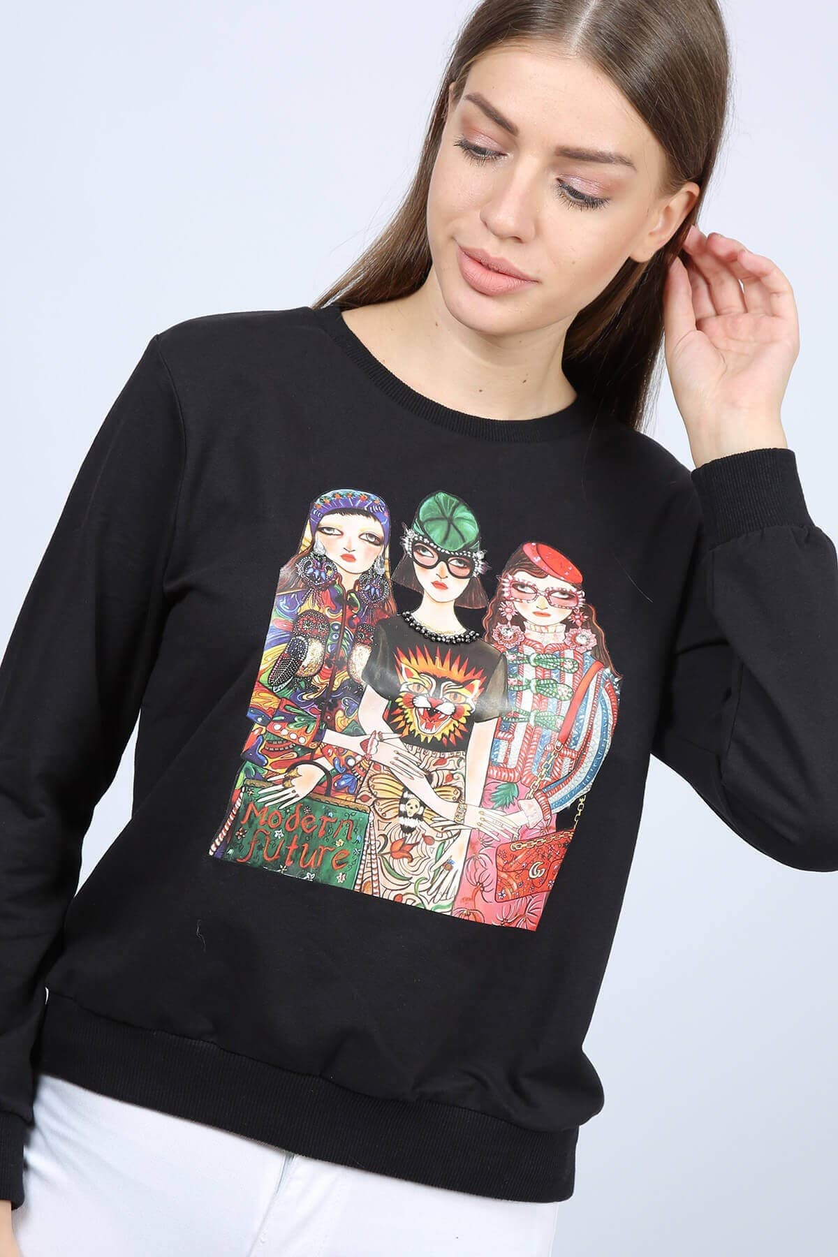 Girls Baskılı Kadın Sweat Siyah