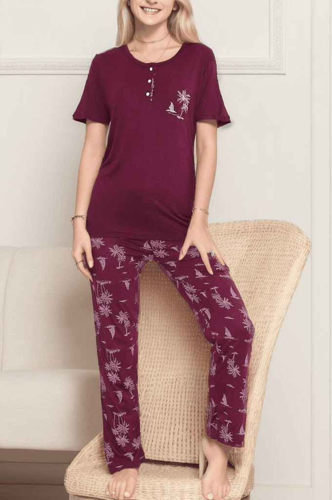 Desenli Pijama Takımı Mor