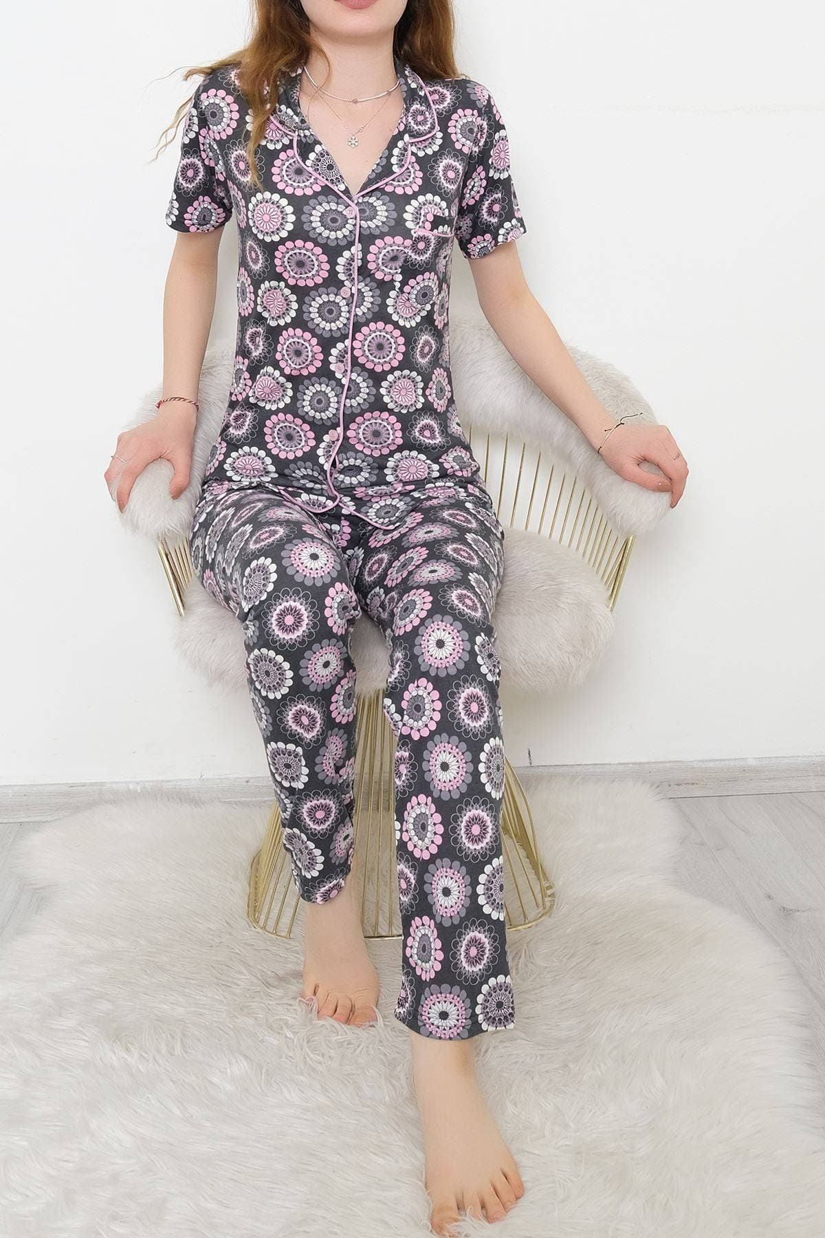 Düğmeli Pijama Takımı Fümepembe