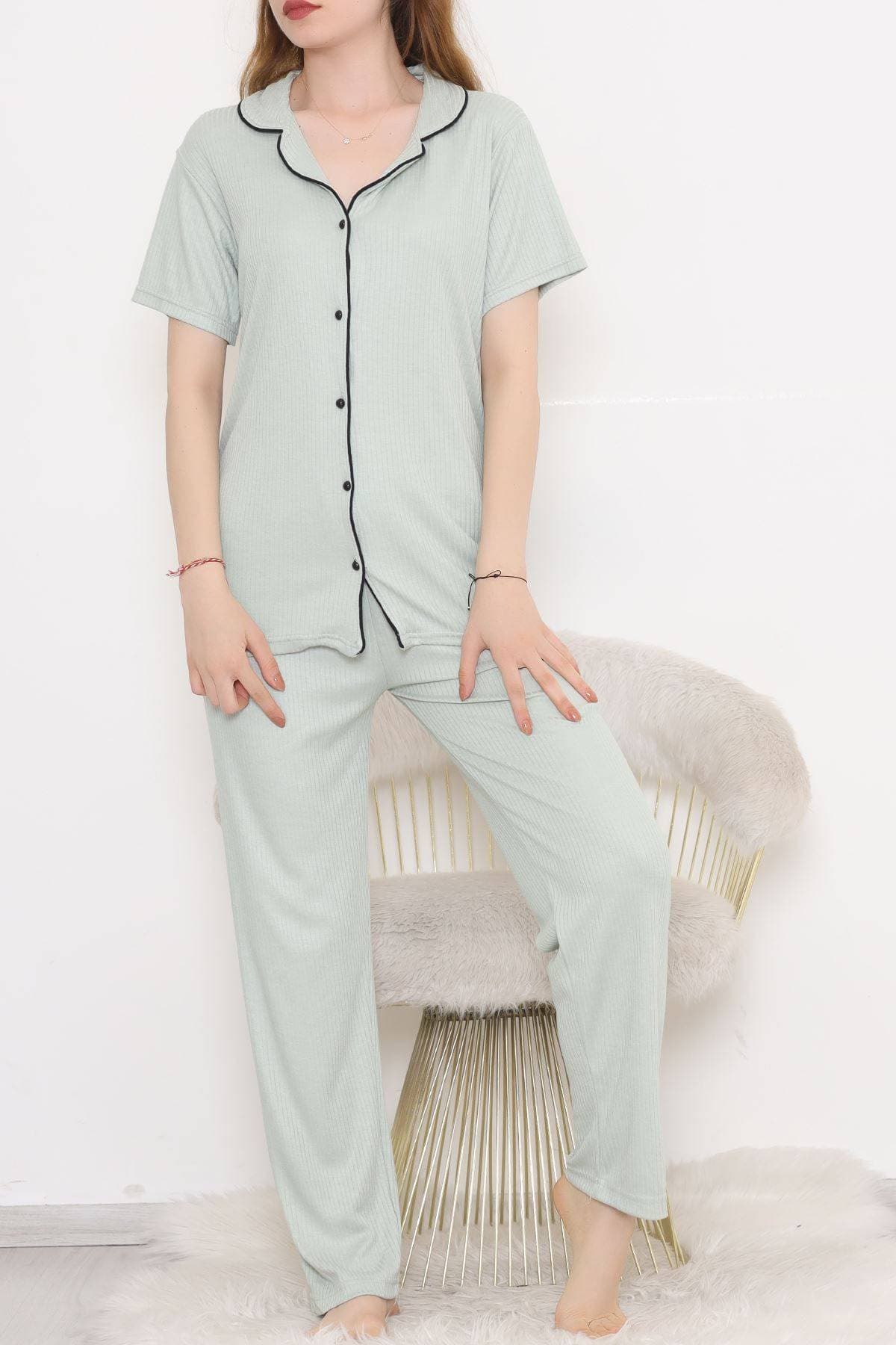 Fitilli Düğmeli Pijama Takımı Koyumint