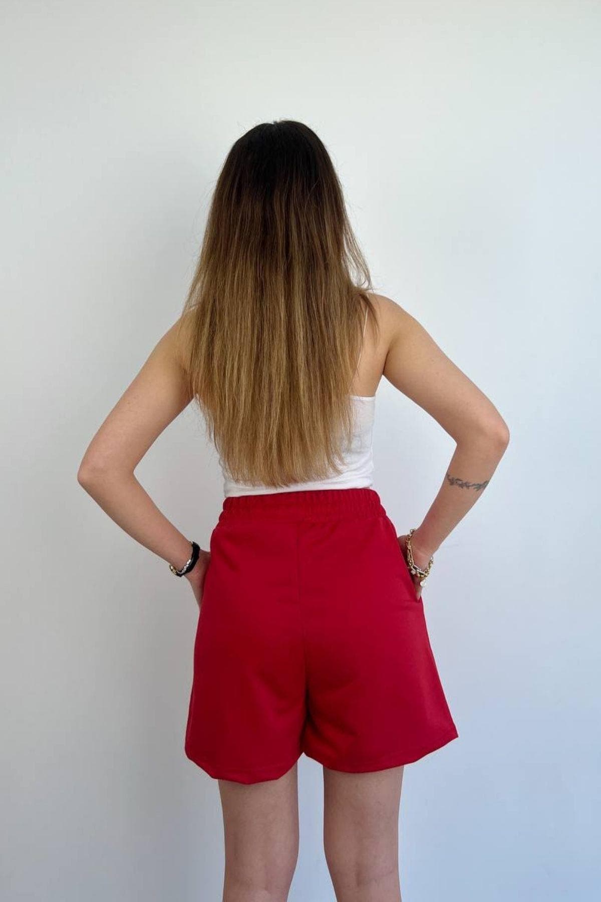 Hannah Bel Lastikli Basic Penye Şort Kırmızı