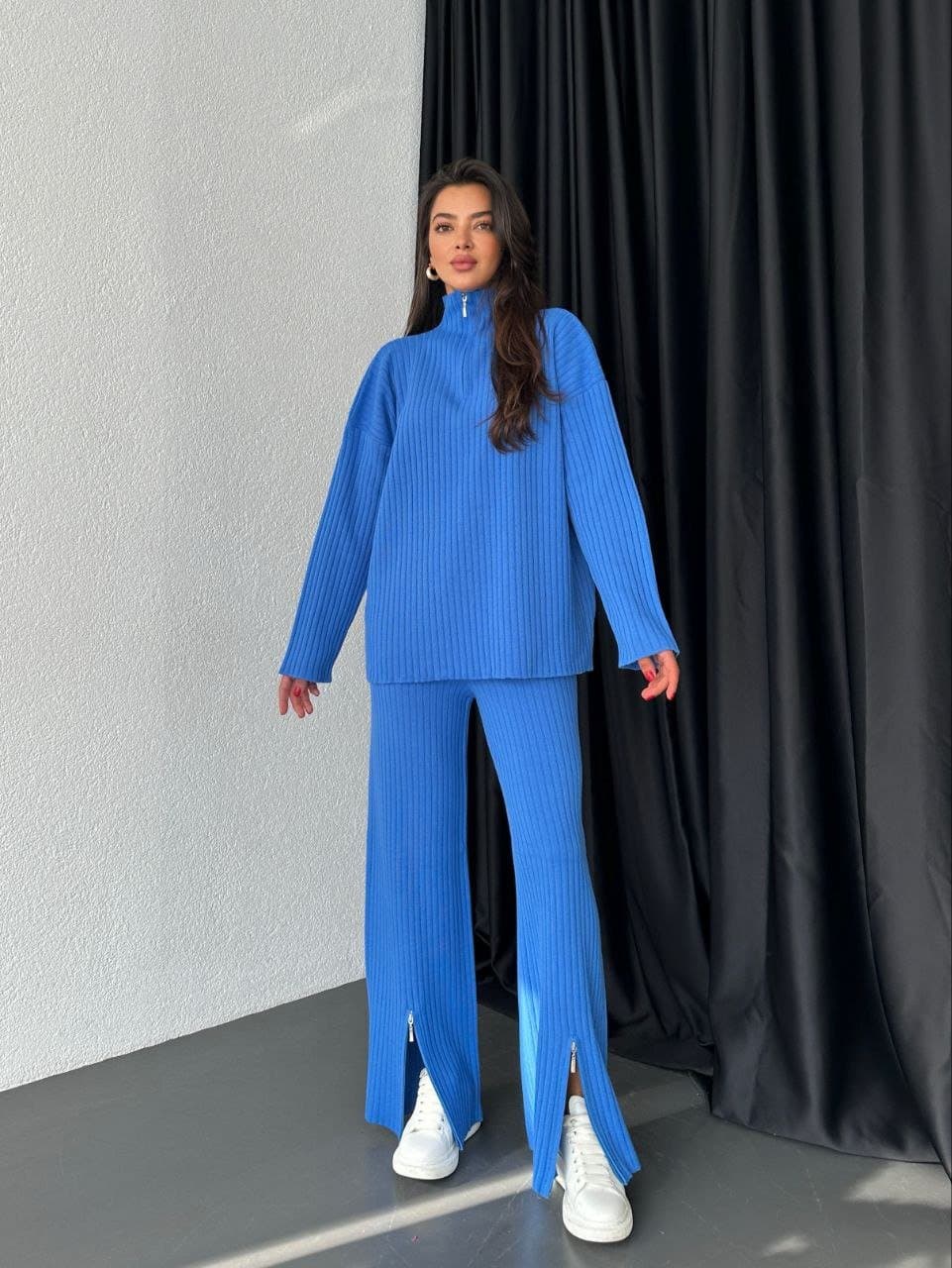 Kadın Uzun Kol üst Pijama Paçası Fermuar Detay Triko Kumaş Ikili Takım