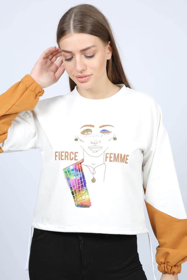 Büzgülü Baskılı Kadın Sweat Ekru