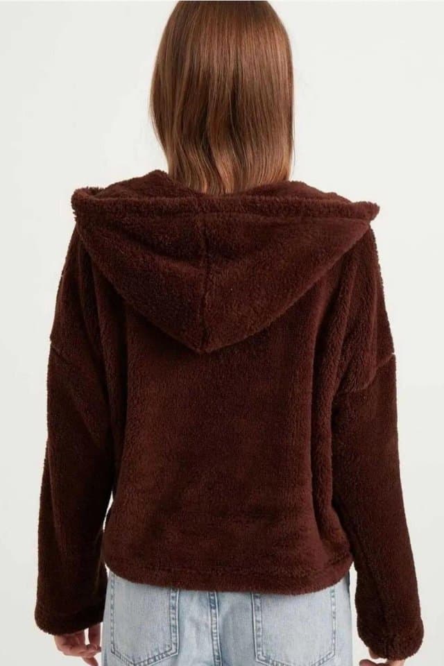 Düğmeli Kapüşonlu Peluş Mont Kahve